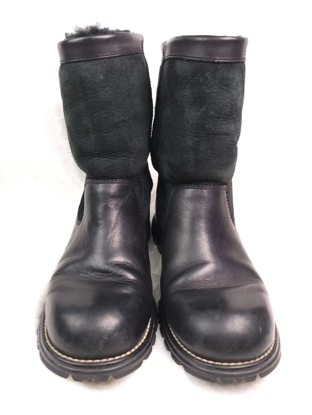 UGG Brooks 5381 Black 8 Leather & Suede Mid Calf Short Winter Boots VTG